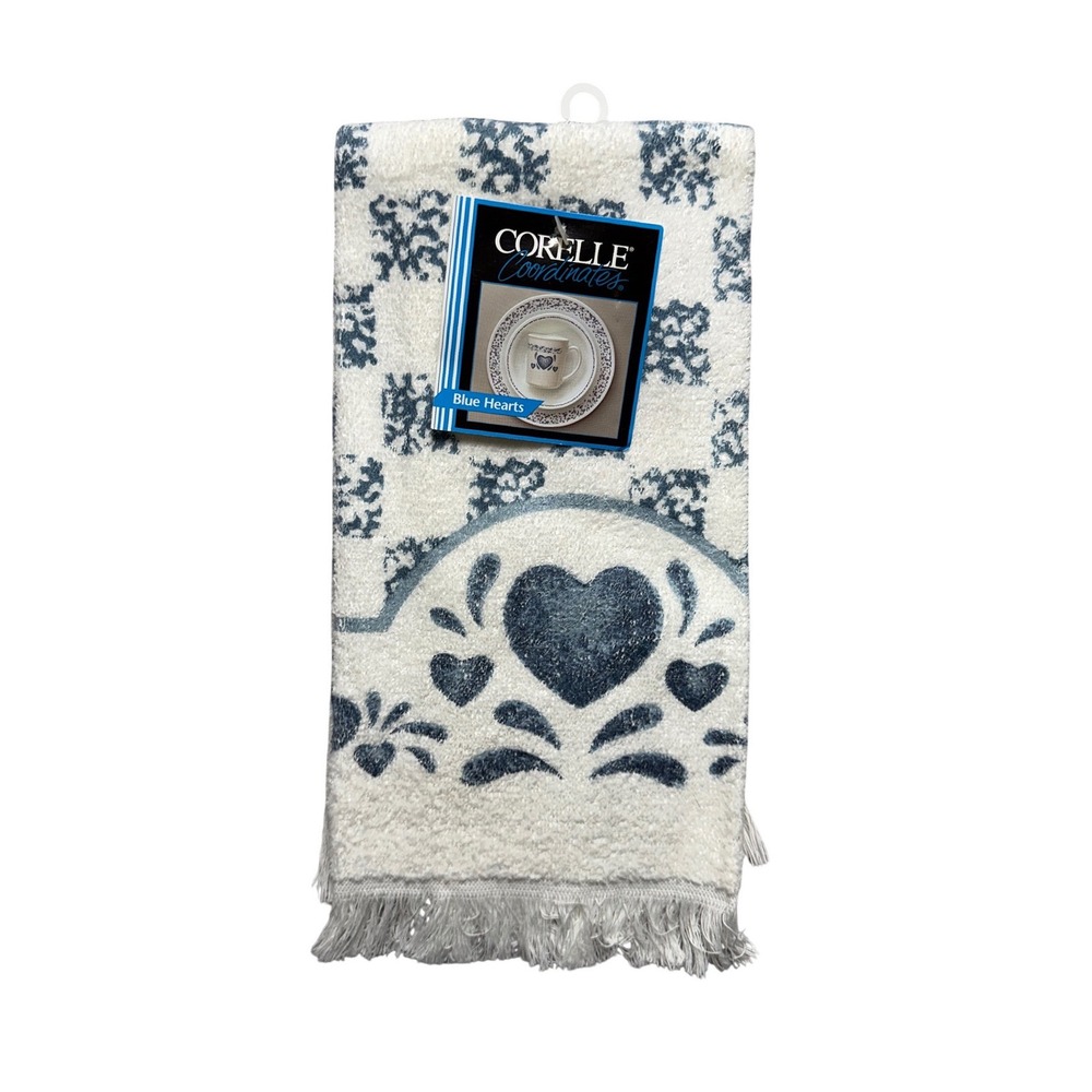 Corelle Coordinates Blue Hearts Kitchen Dish Hand Towel Vtg NOS Country Cottage
